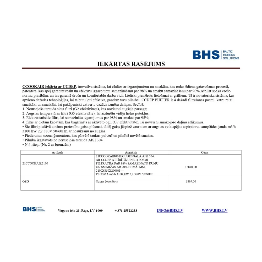 Steam extractor hood BHS-HoReCa 21CCOOKAIR2100