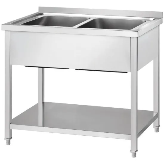 GREDIL Stainless Steel Tables with Two Sinks and a Shelf