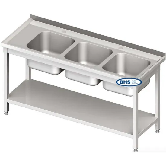 Metal Tables with Three Sinks and a Shelf